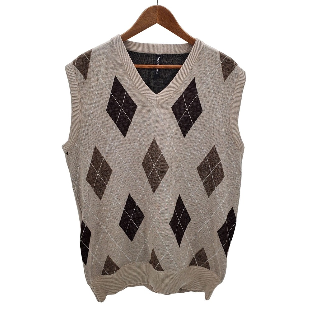Mens XL Beige Brown Argyle Sweater‎ Vest Knit V-Neck Preppy Retro Golf Layer
